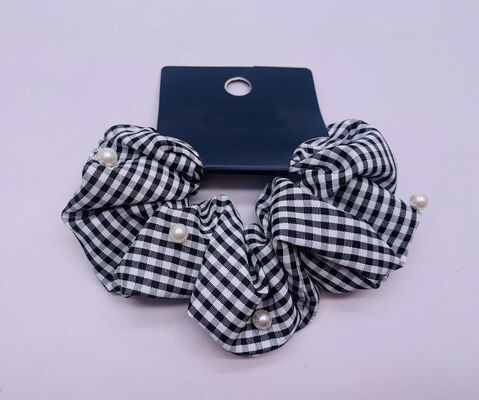 Plaid Rubber Fabric Hair Accessories Scrunchies With White Pearls