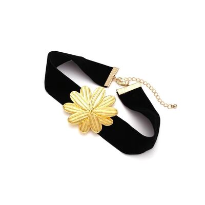 Various Length Fabric Ladies Necklace with Metal Flower Accessory and Golden Finish