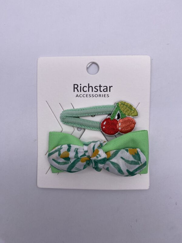 Two Packs of Green Cherry Hair Clip and Bow Clip Plain Style with Elastic Band Fastening